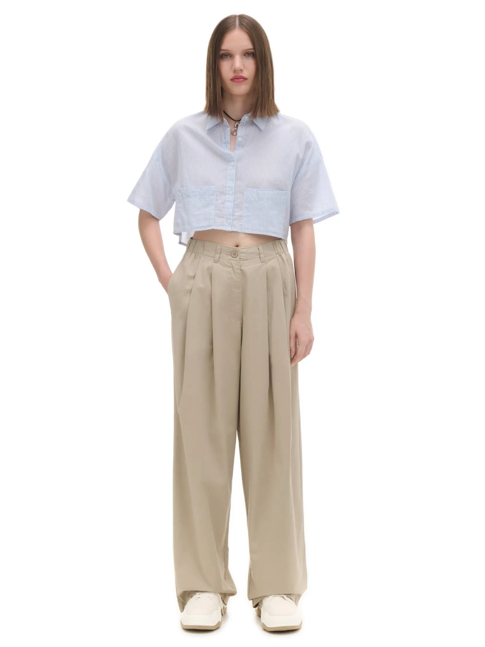 Sale Beżowe spodnie wide leg Spodnie