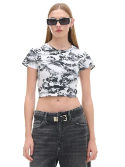 Fashion Biało-czarna koszulka z motywem ust Koszulki, Topy