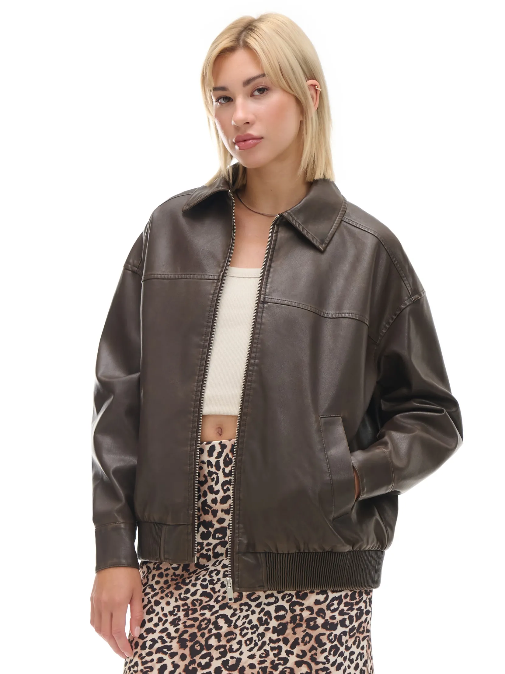 Fashion Brązowa kurtka bomber z efektem znoszenia Kurtki, Płaszcze