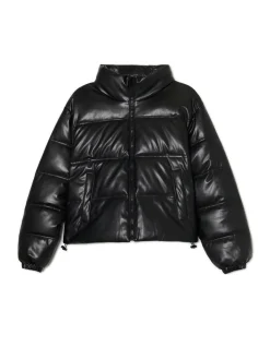 Clearance Czarna kurtka puffer z efektem skóry Kurtki, Płaszcze