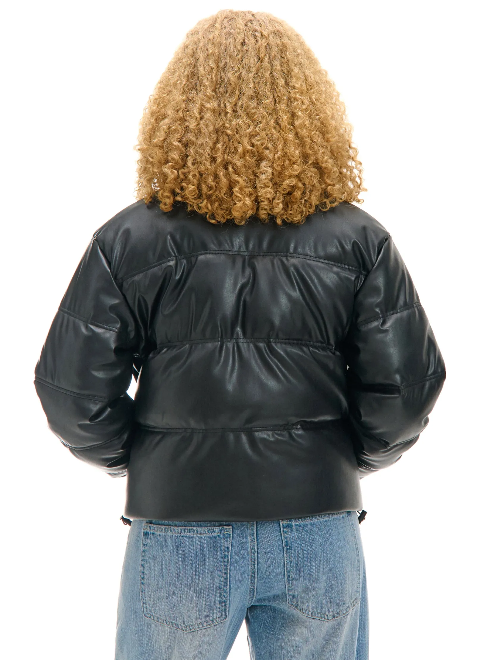Clearance Czarna kurtka puffer z efektem skóry Kurtki, Płaszcze
