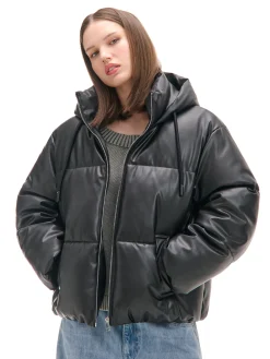 Outlet Czarna kurtka puffer z kapturem Kurtki, Płaszcze