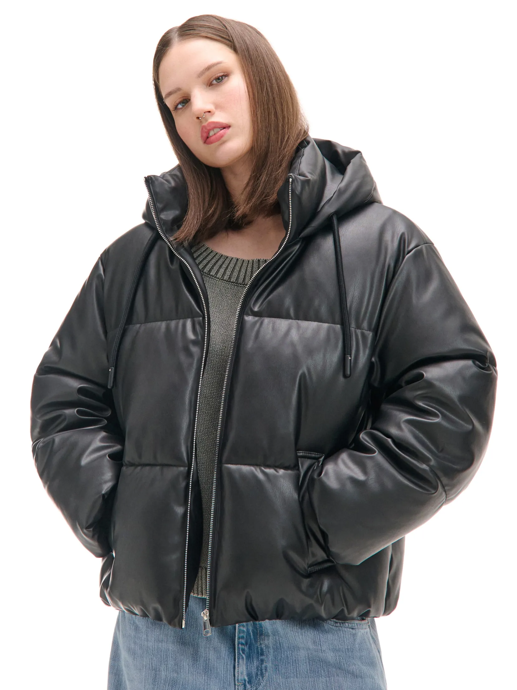 Outlet Czarna kurtka puffer z kapturem Kurtki, Płaszcze