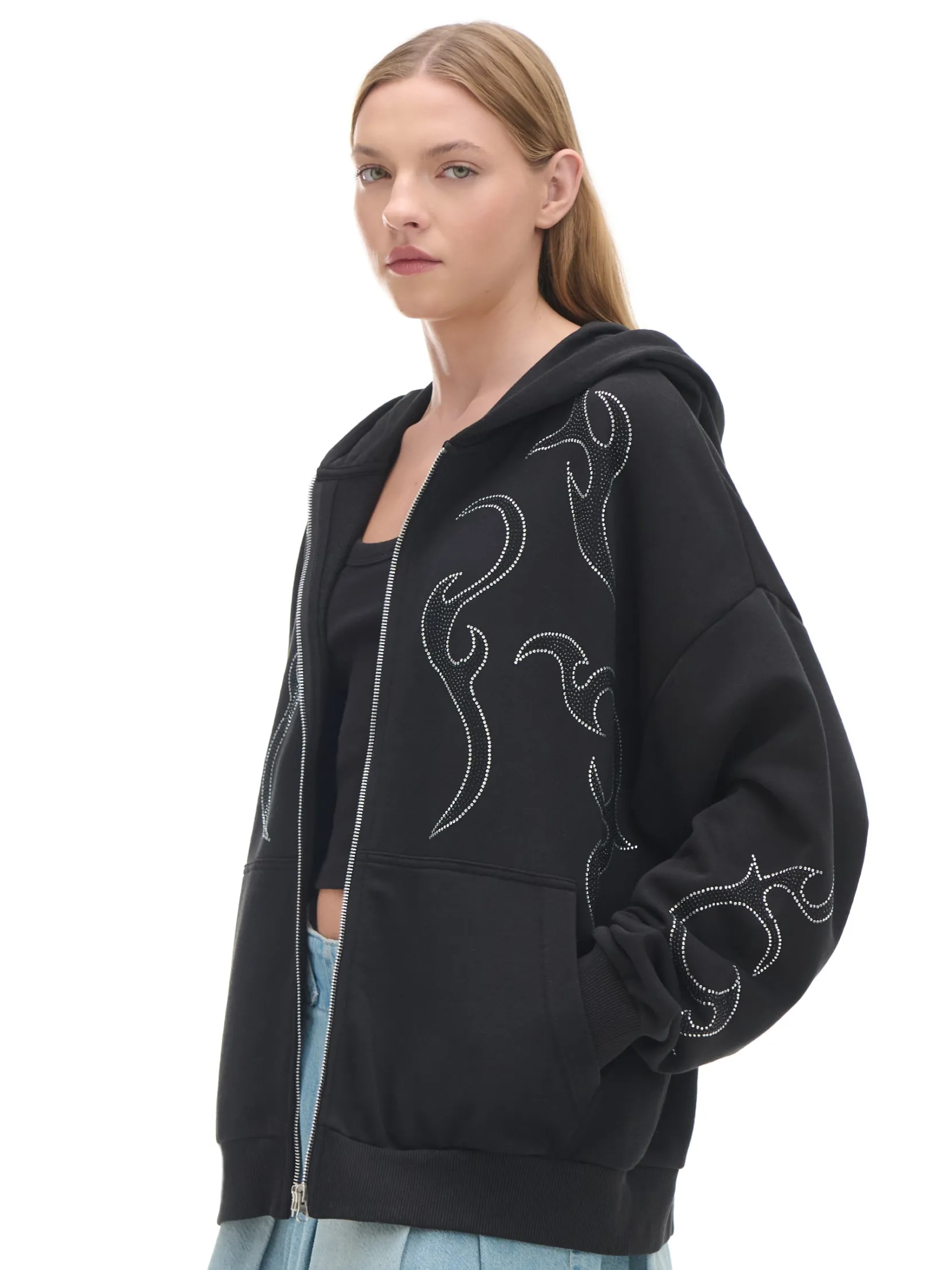 Sale Czarna rozpinana bluza z aplikacjami Bluzy