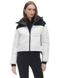 Discount Czarno-biała kurtka puffer z kapturem Kurtki, Płaszcze