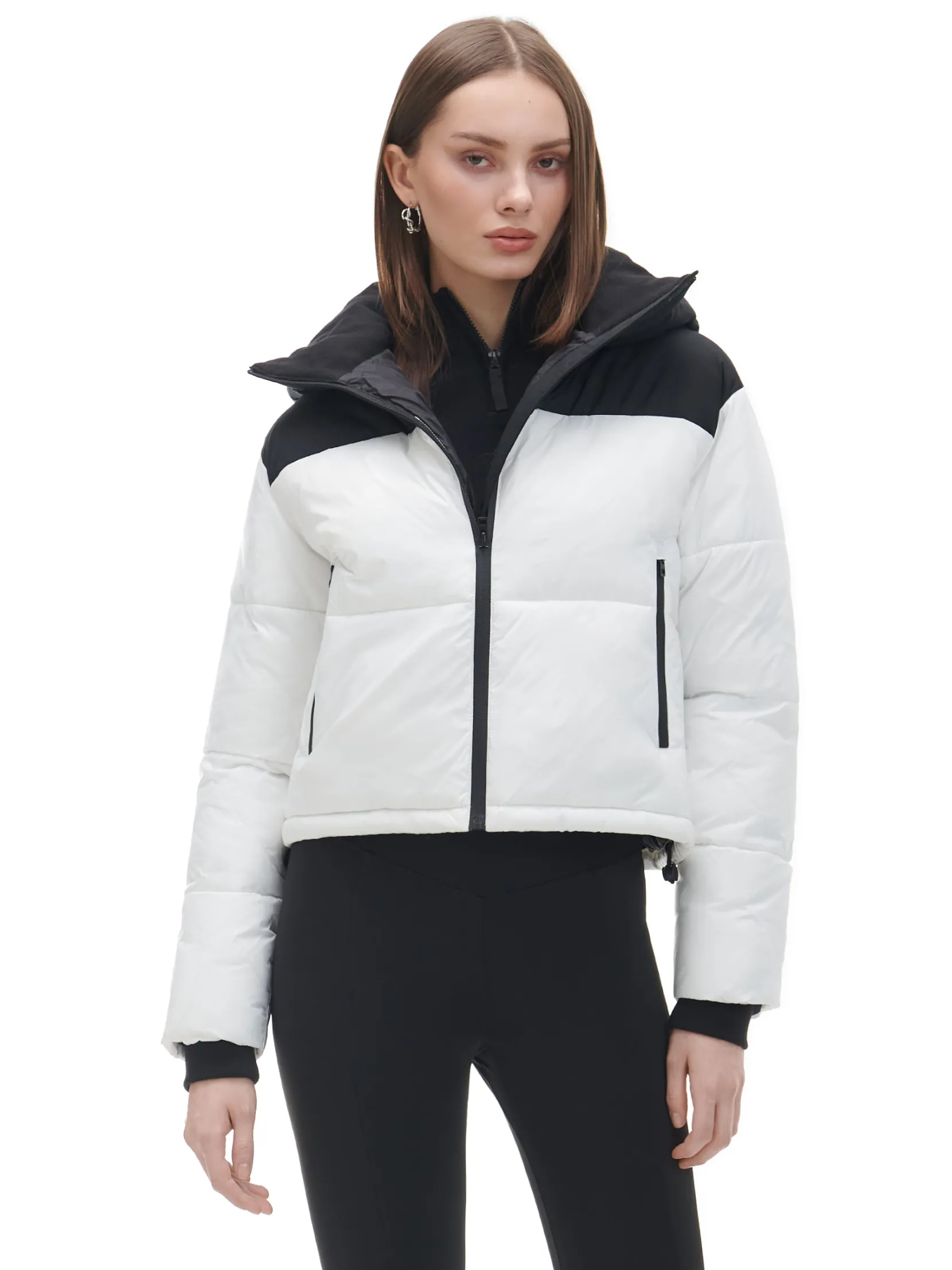 Discount Czarno-biała kurtka puffer z kapturem Kurtki, Płaszcze
