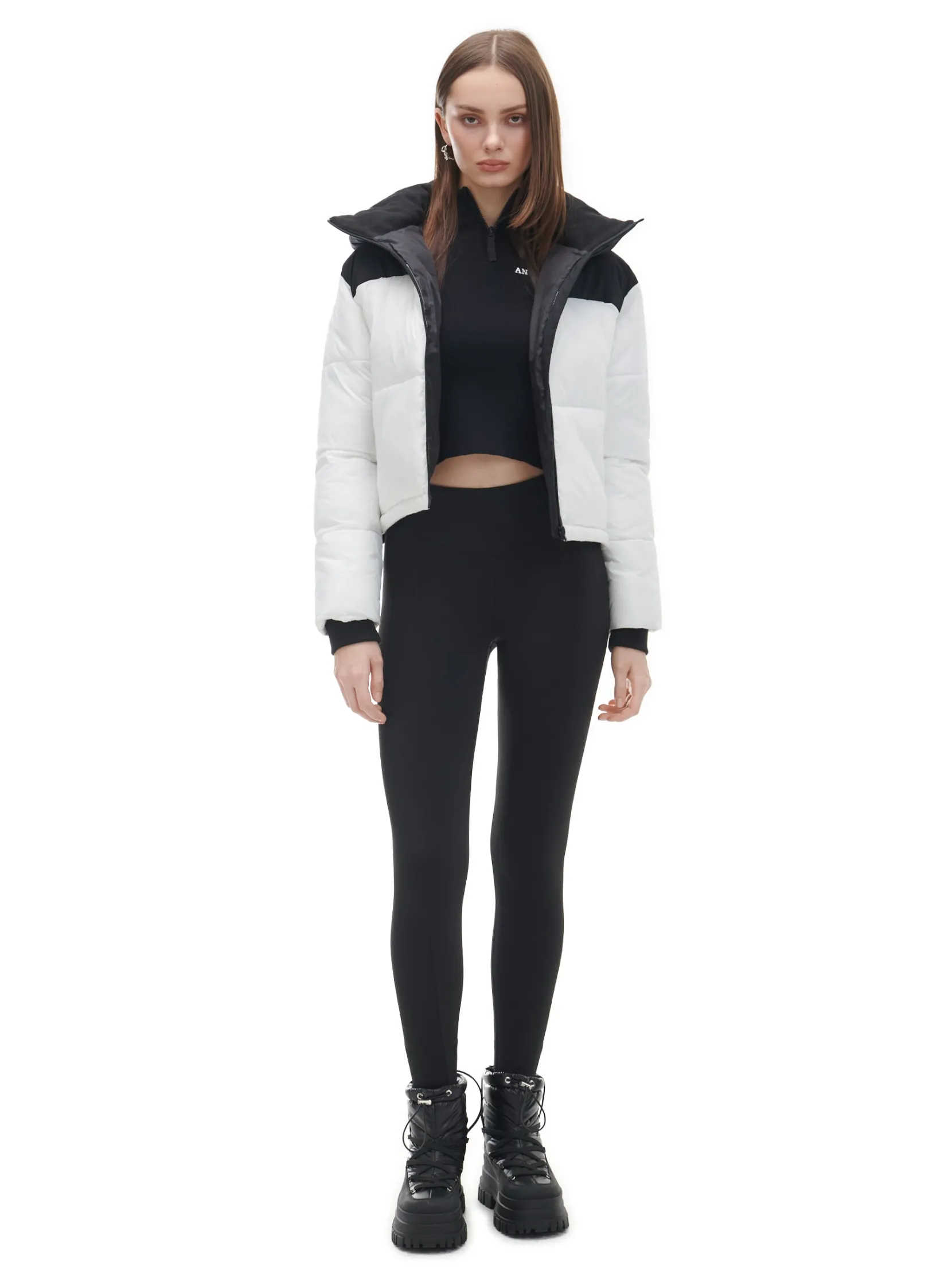 Discount Czarno-biała kurtka puffer z kapturem Kurtki, Płaszcze