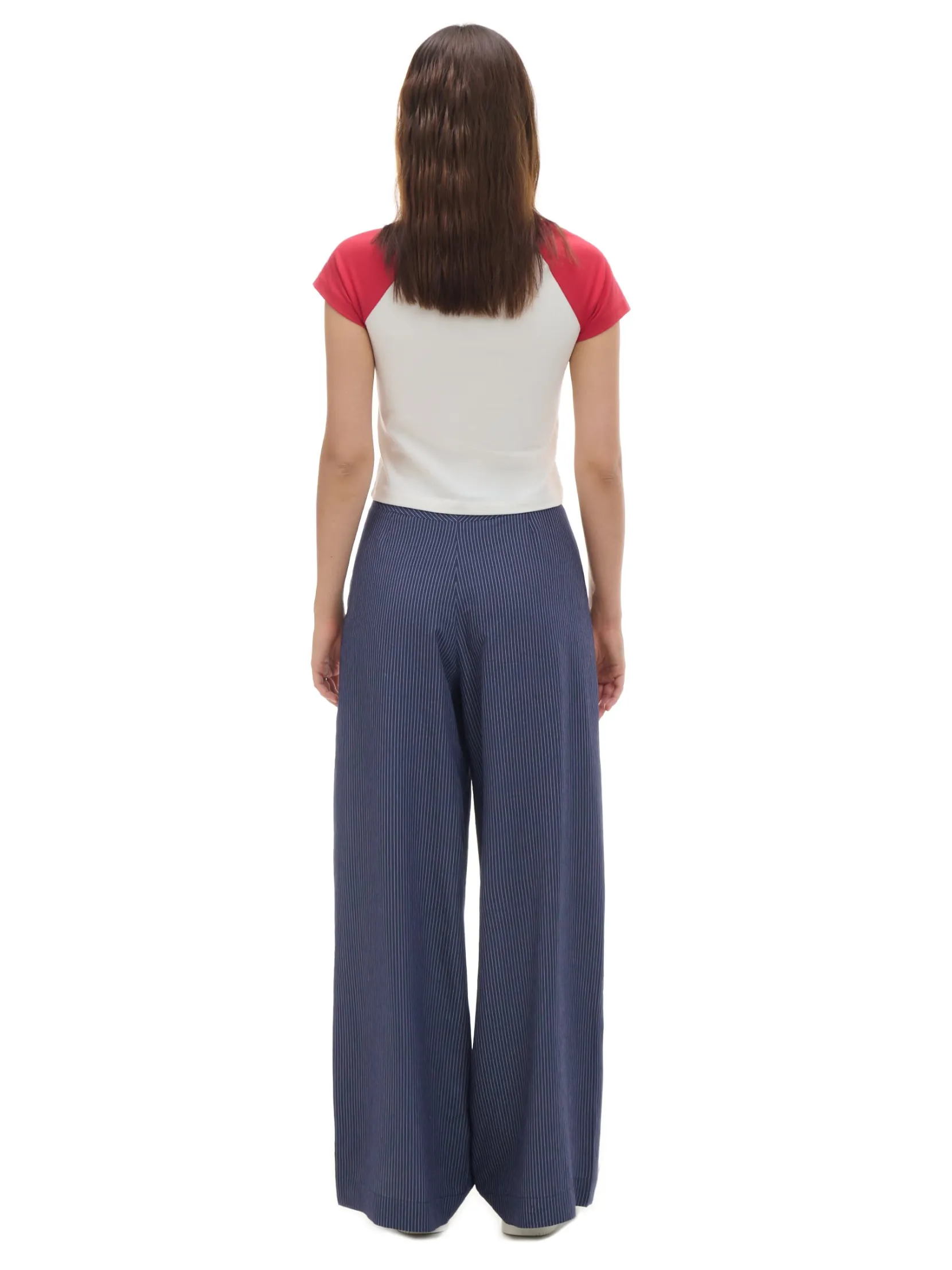 Discount Granatowe spodnie tailoring w paski Spodnie