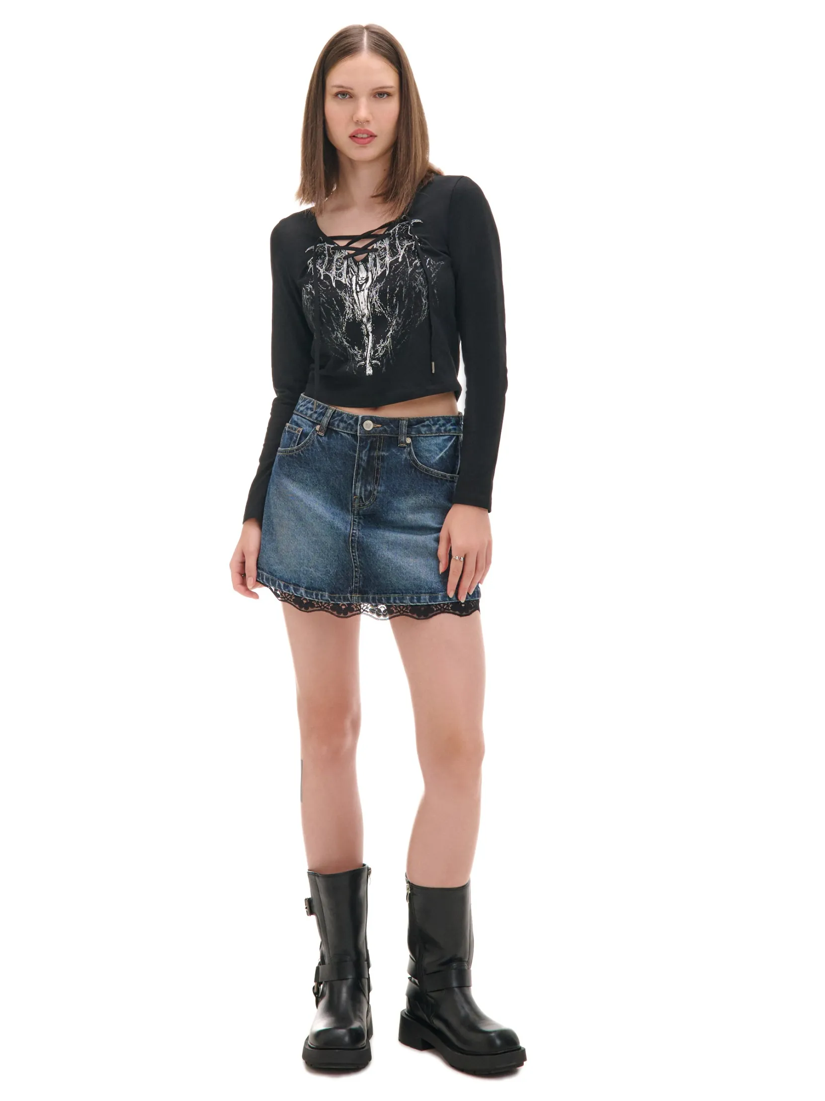 New Jeansowa spódnica mini z koronką Spódnice