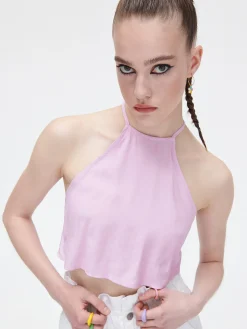 Best Różowy crop top z ozdobnym wiązaniem Koszule, Bluzki