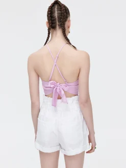 Best Różowy crop top z ozdobnym wiązaniem Koszule, Bluzki