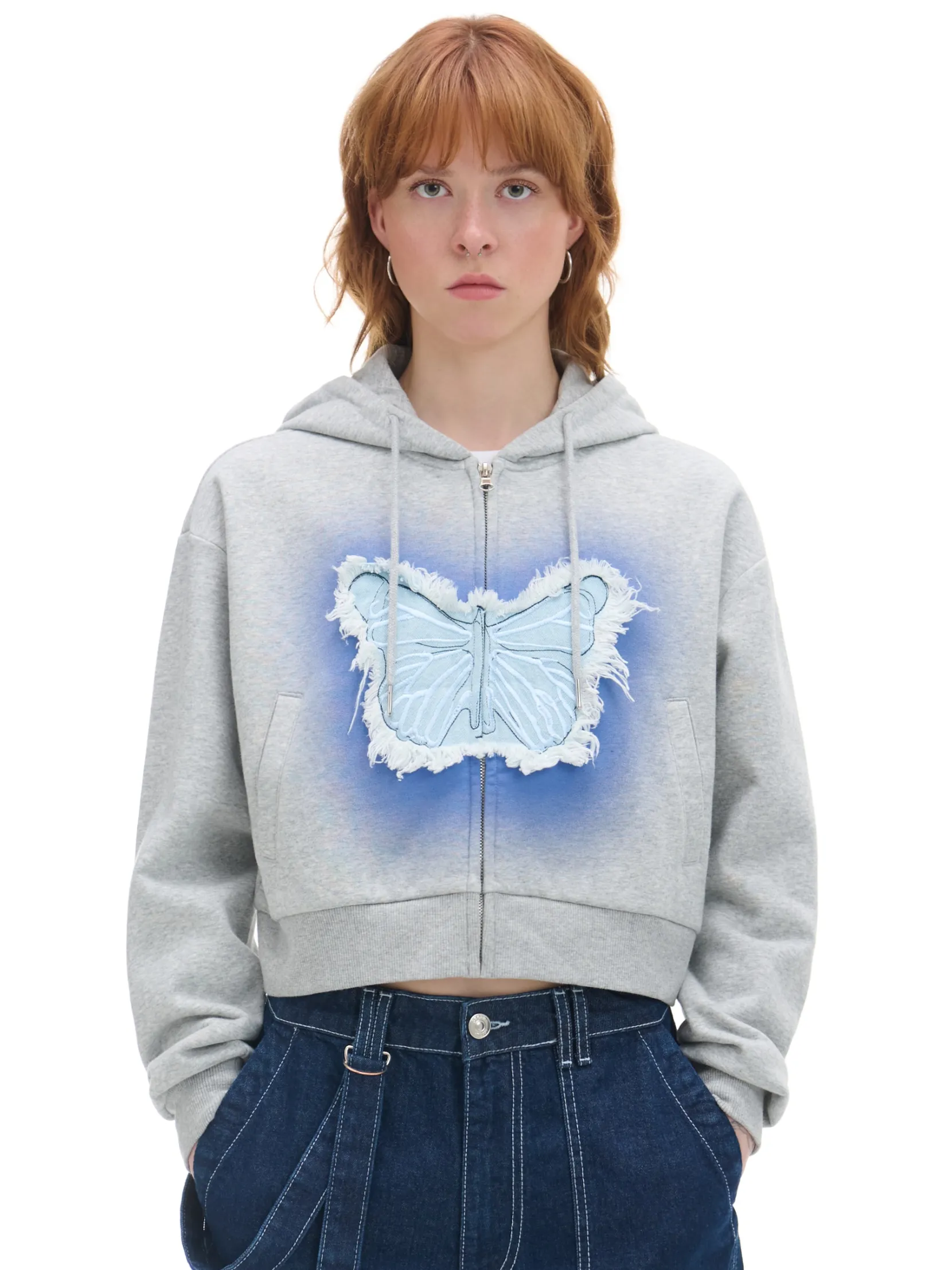 Discount Szara krótka bluza z motylem Bluzy