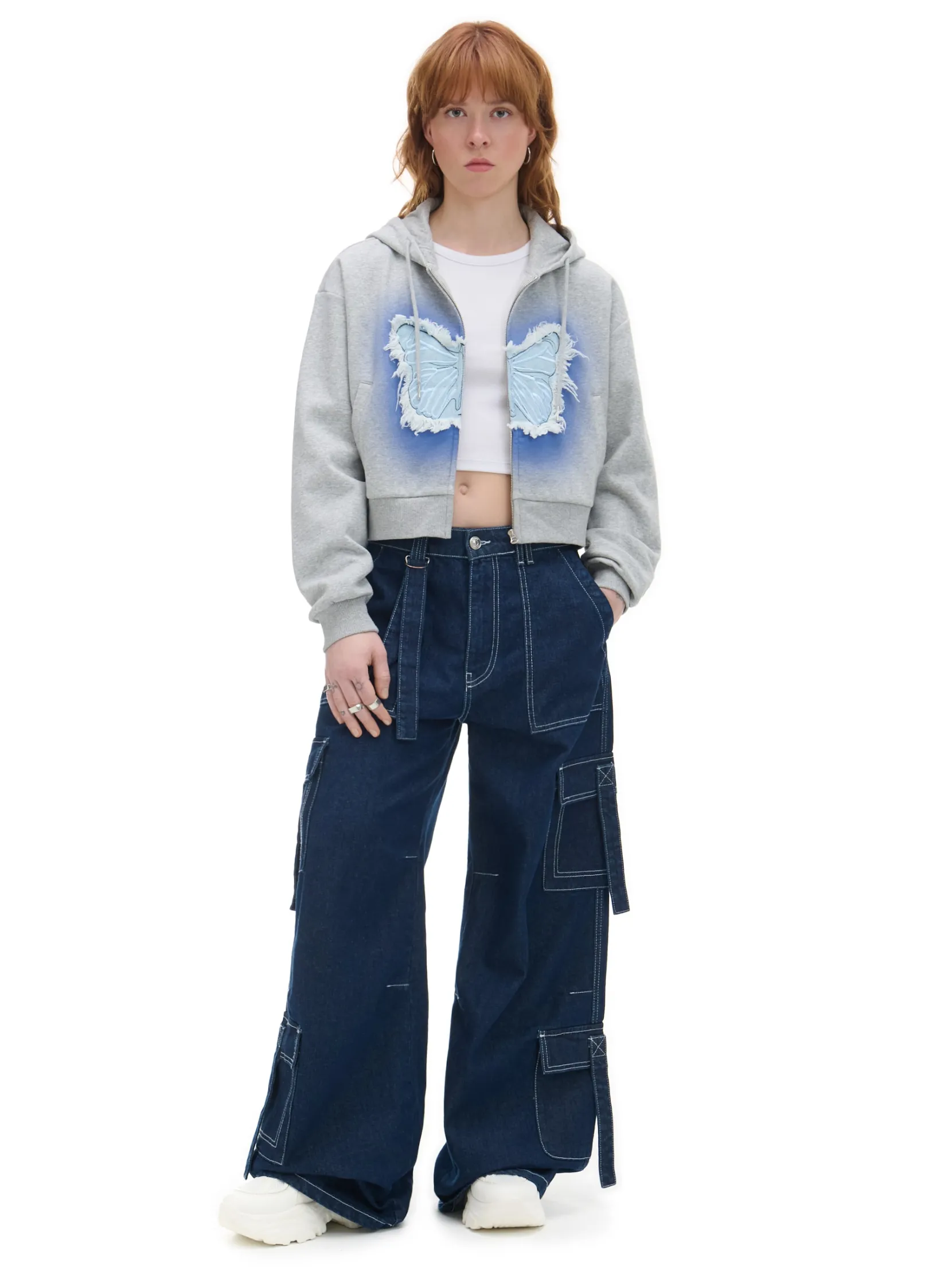 Discount Szara krótka bluza z motylem Bluzy